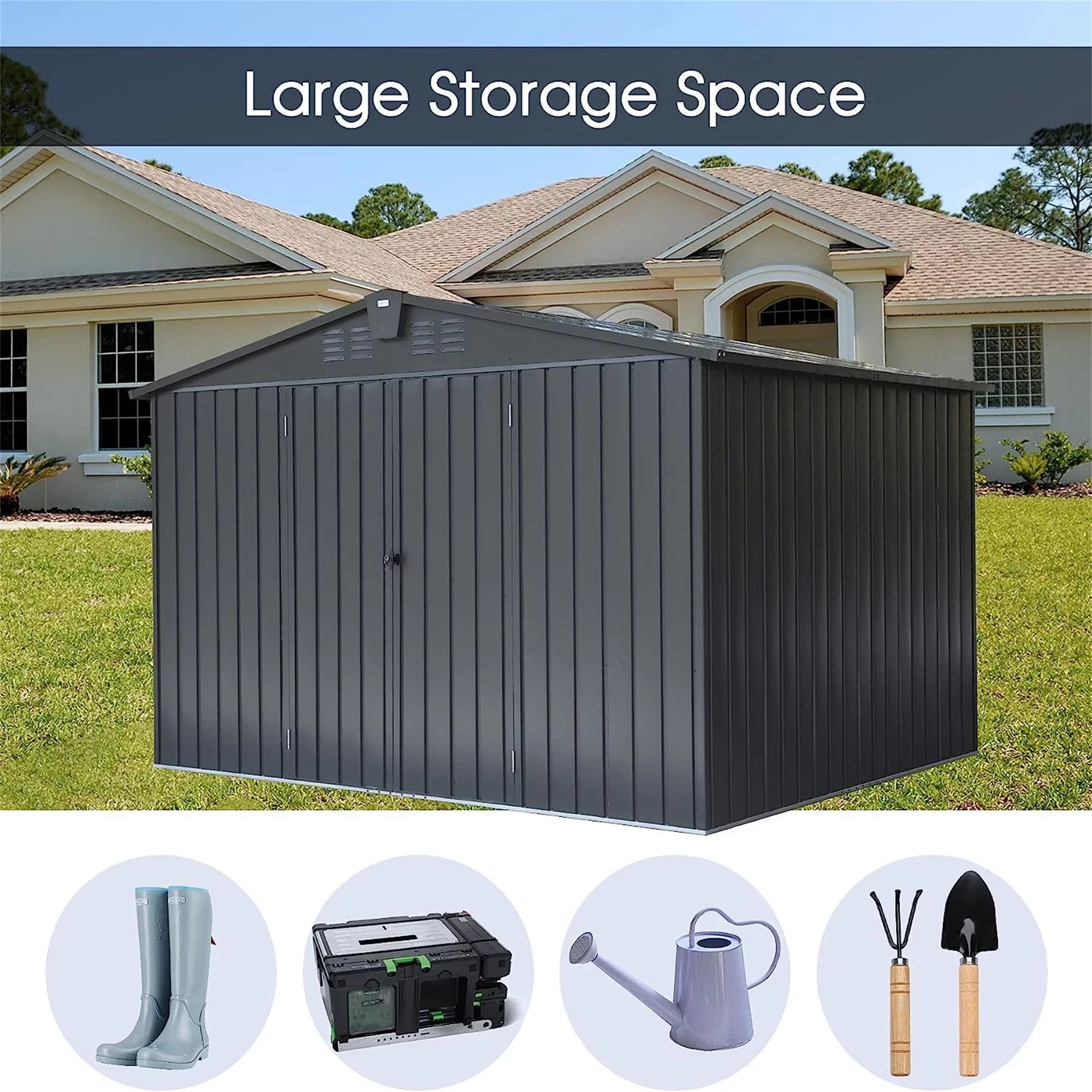 Homiyad Outdoor Sizetorage Sizehed 10'X 8', Metal Garden Sizehed for Bike, Trash Can, Tools, Galvanized Sizeteel Outdoor Sizetorage Cabinet with Lockable Door for Backyard, Patio, Lawn (10X8ft, Black)