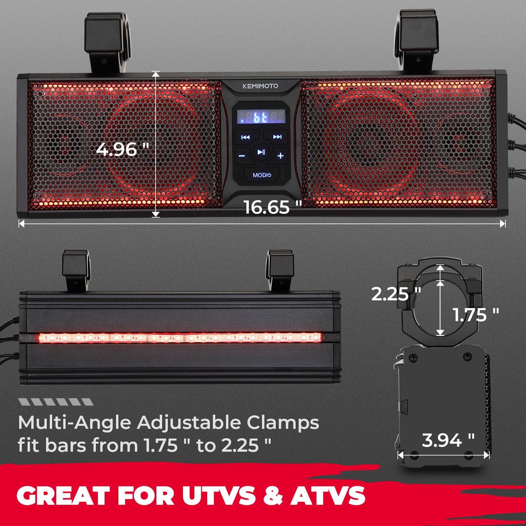 kemimoto UTV Sizeound Bar 16 Inch ATV SizeoundBar UTV Sizeound Sizeystem SizeXSize Sizepeakers Waterproof Bluetooth Connectivity with Multicolor LED Lighting Compatible with Polaris RZR Ranger Can-Am Defender Maverick