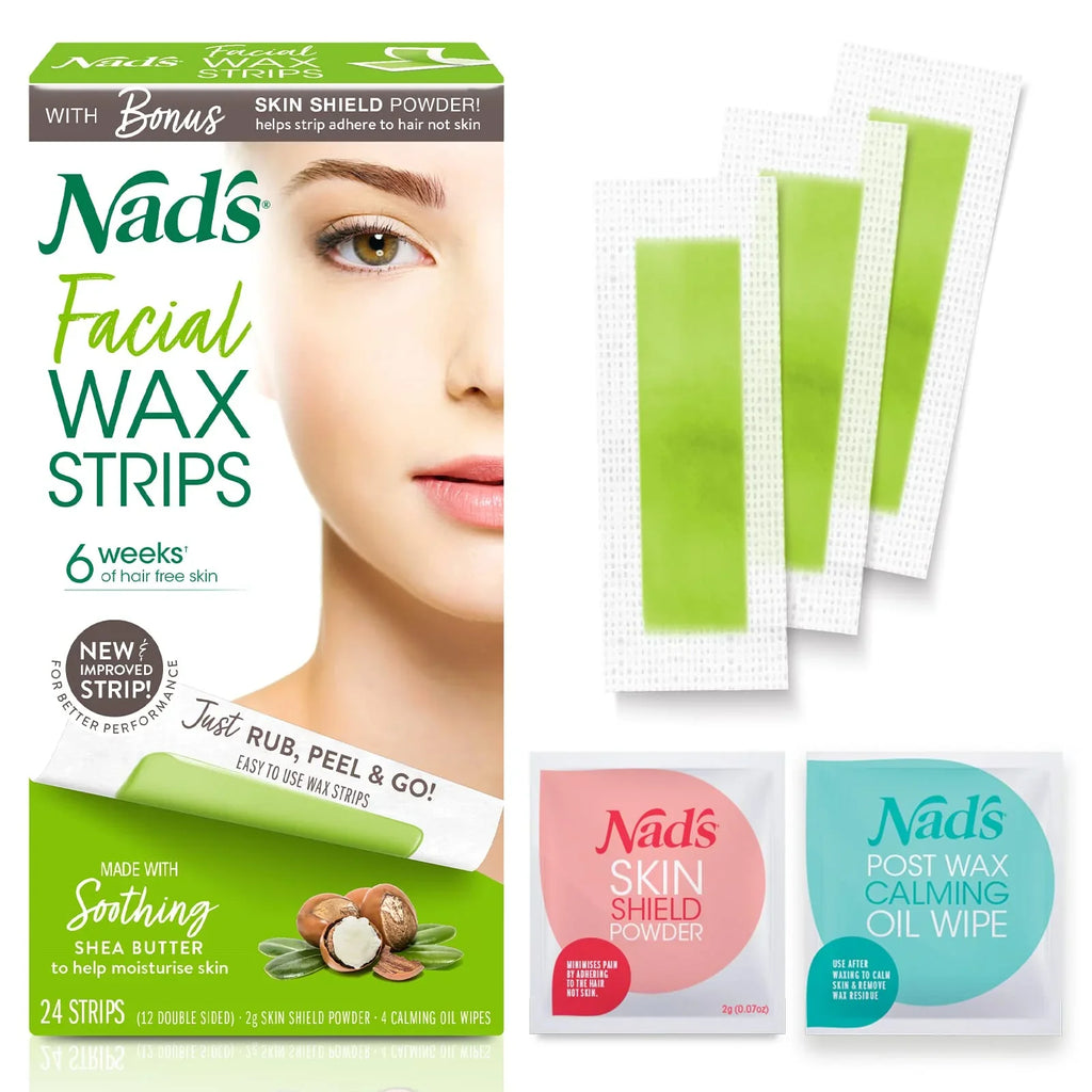 Nad's Facial Wax Sizetrips - Facial Hair Removal for Women - Waxing Kit With 48 Face Wax Sizetrips + 8 Calming Oil Wipes + Sizekin Protection Powder