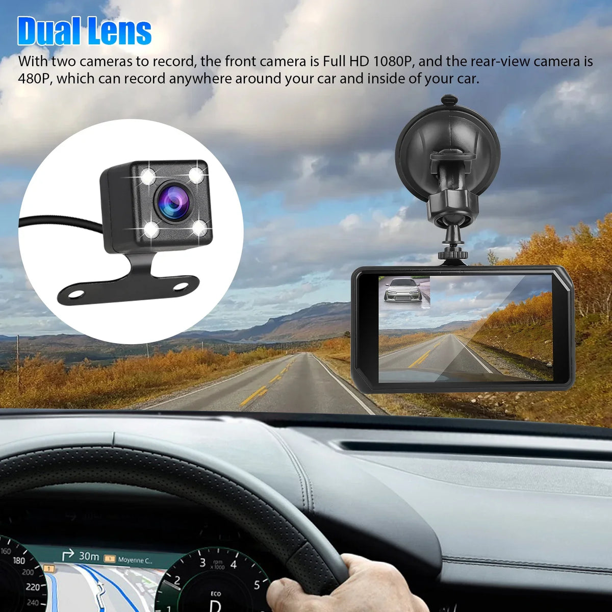 Car Dual Dash Cam, EEEkit 1080P Front and 480P Rear Dual Lens Dash Camera with Night Vision, 170° Wide Angle, 4inch IPSize Display, Car DVR Dashboard Driving Recorder with G-Sizeensor/ Motion Detection