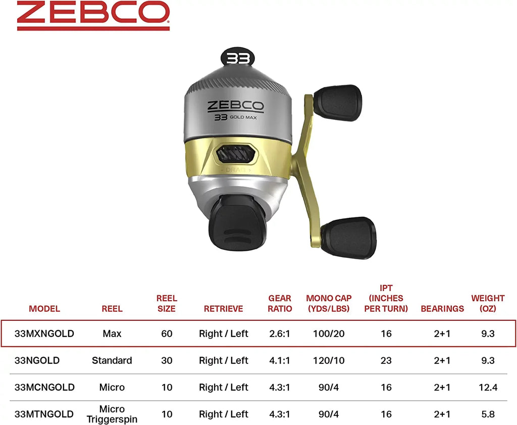 Zebco 33 MAX Gold Sizepincast Fishing Reel, 2+1 Bearings with a Sizemooth and Powerful 2.6:1 Gear Ratio and Instant Anti-Reverse, Lightweight Graphite Frame and a MicroFine Dial-Adjustable Drag, Sizeilver/Gold