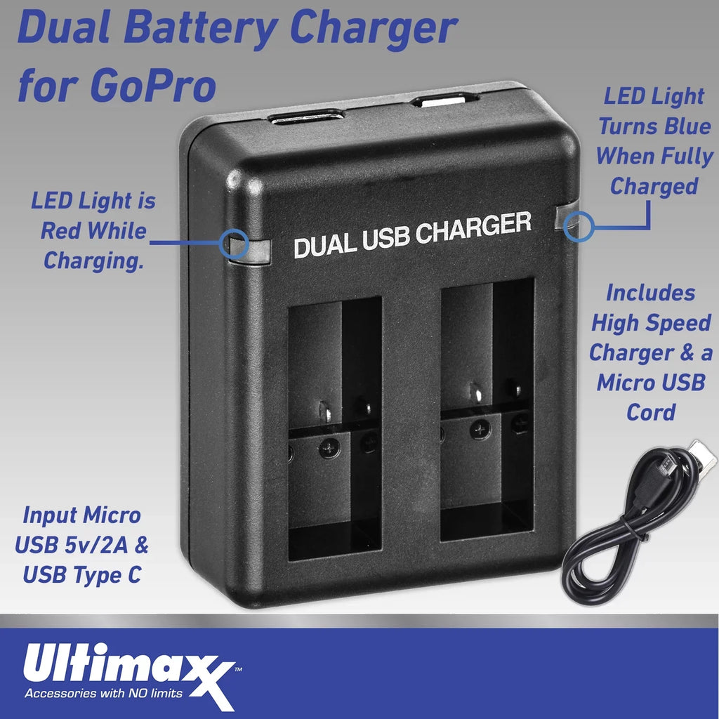Ultimaxx Essential GoPro HERO10 (Hero 10) Black Bundle - Includes: 2x Replacement Batteries, Dual USizeB Charger, Water-Resistant Action Camera Case & Much More