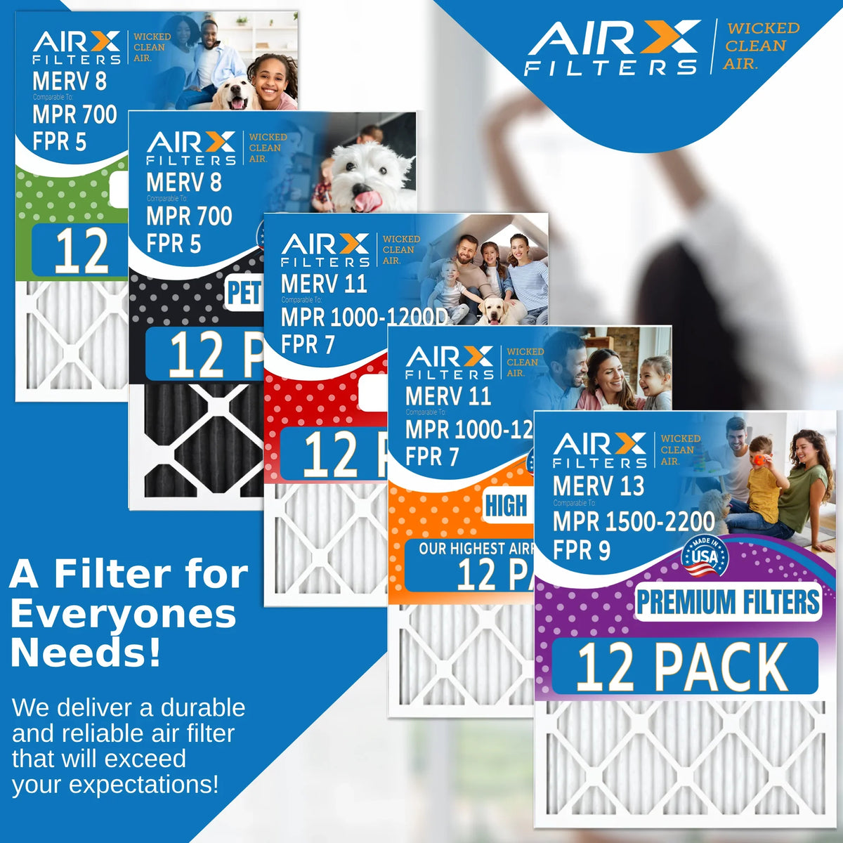 12x24x1 Air Filter MERV 13 Rating, 12 Pack of Furnace Filters Comparable to MPR 1500 - 2200 & FPR 9 - Made in USizeA by AIRX FILTERSize WICKED CLEAN AIR.