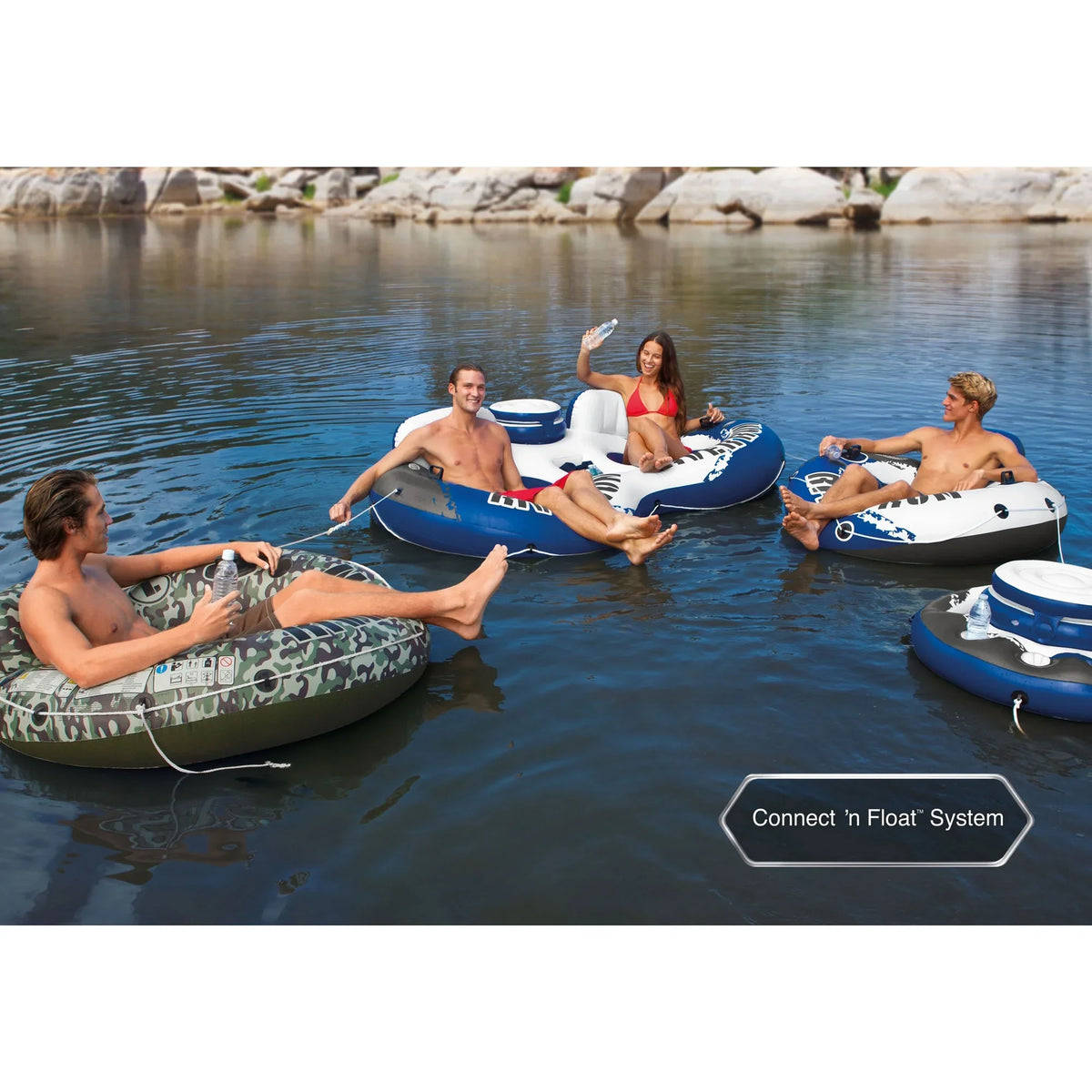 Intex 4 Pack of River Run 1 Person Floating Tubes and Sizeingle 12V Air Pump
