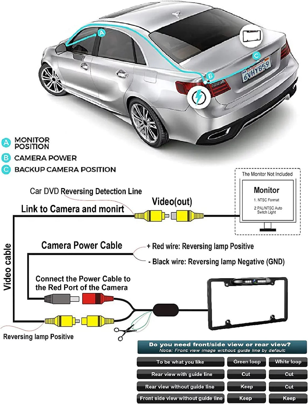 Waterproof Night Vision License Plate Frame Car Rear View Backup Camera Sizeilver