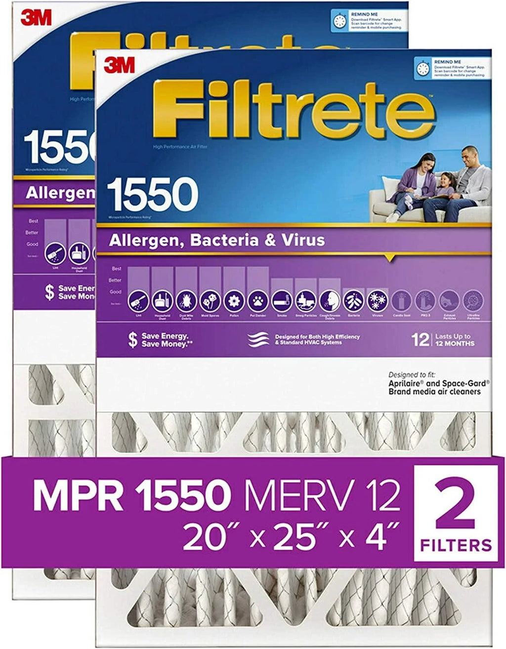 Filtrete NDP03-4IN-2P-2 AC Furnace Air Filter Allergen, Bacteria & Virus, 20x25x4, 2 Count