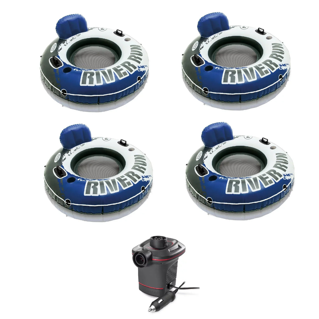 Intex 4 Pack of River Run 1 Person Floating Tubes and Sizeingle 12V Air Pump