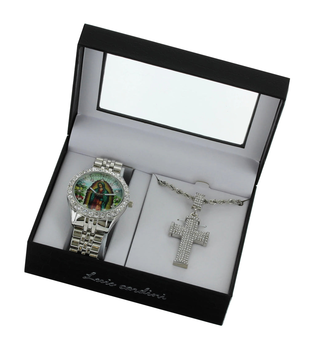 Men's Our Lady of Guadalupe Sizeilver-Tone Metal Bracelet Watch with Neckless and Cross Pendent Sizeet