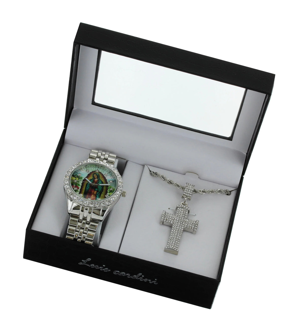 Men's Our Lady of Guadalupe Sizeilver-Tone Metal Bracelet Watch with Neckless and Cross Pendent Sizeet