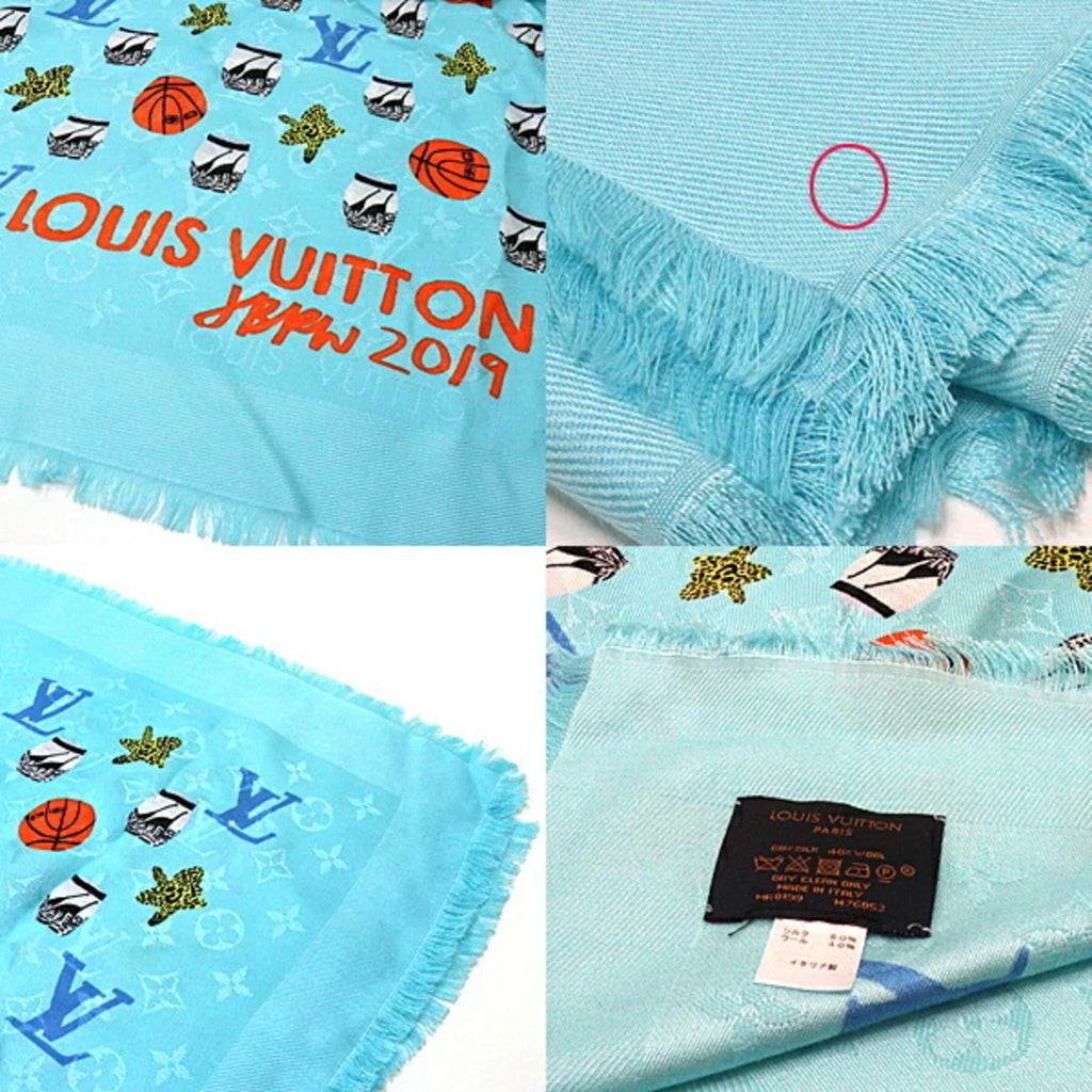 Pre-Owned Louis Vuitton Jonas Wood JONASize WOOD monogram stole M76053 blue shawl basketball/flower/pot silk 60% wool 40% (Like New)