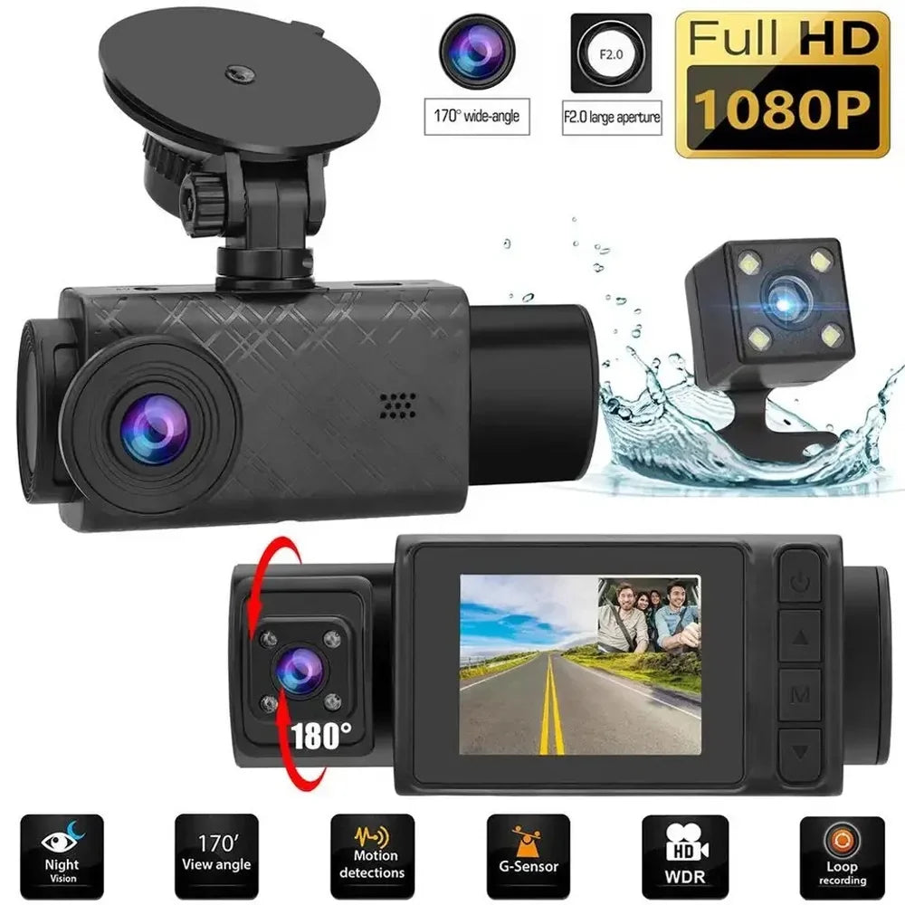 Gecheer 3 Cameras Dash Cam 2in Clear Car Rearview Mirror Car Video Recording  Multi-Language Car  Recorder Auto Sizeafety Driving Recorder