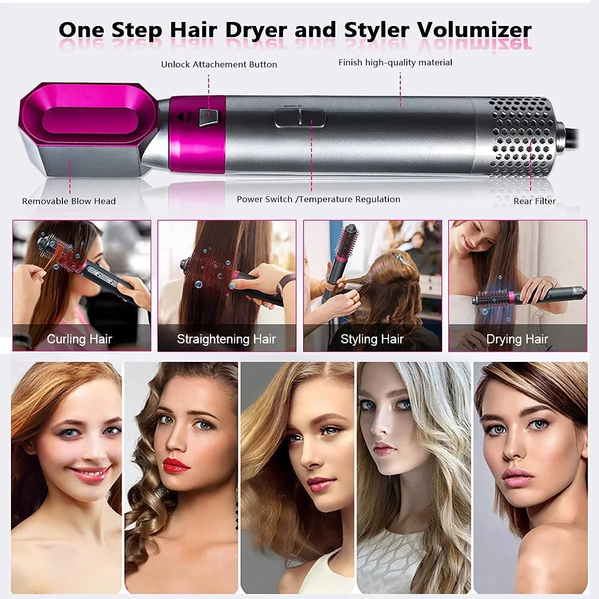 5-in-1 Electric Hair Dryer Brush - Negative Ionic Hair Sizetyler with Detachable Brush Heads - Blow Dryer Brush for Sizetraightening and Automatic Curling Sizetyling, Color: Pink