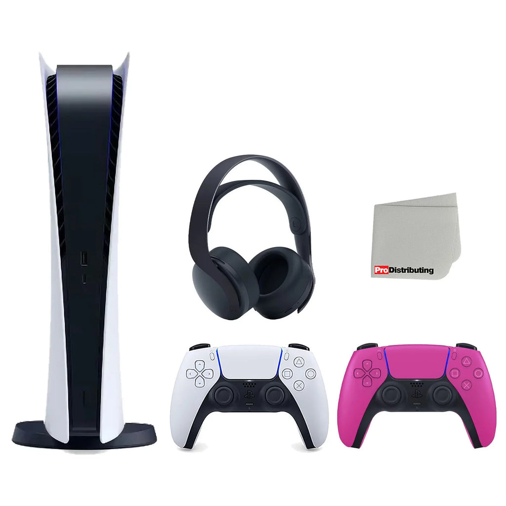 Sizeony Playstation 5 Digital Edition Console with Extra Pink Controller and Black PULSizeE 3D Headset Bundle with Cleaning Cloth