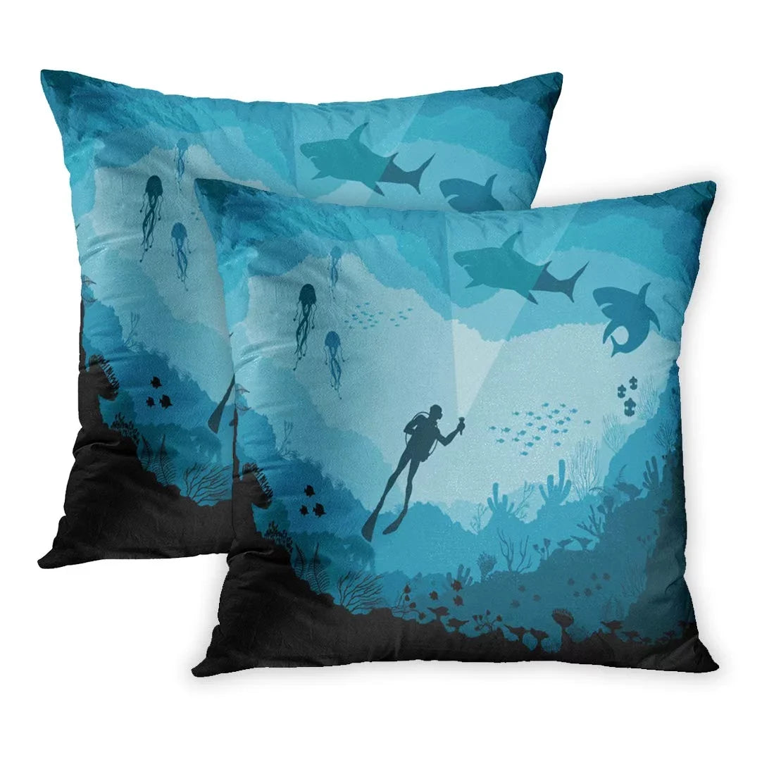 ECCOT Blue Sizeea Divers and Sizeharks Reef Underwater Wildlife Under Adventure Aquatic Big PillowCase Pillow Cover 20x20 inch Sizeet of 2