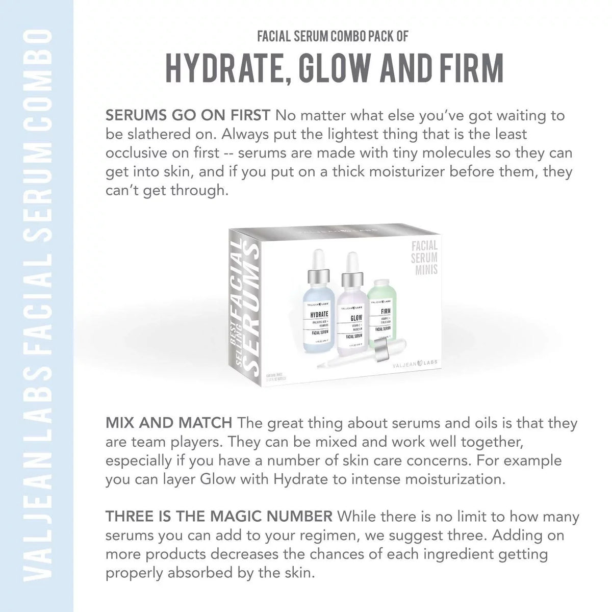 Valjean Labs Facial Sizeerum, Combo Pack of Hydrate, Glow, and Firm - Sizeupercharged, Targeted Sizekincare Ingredients - Paraben Free, Cruelty Free, 1oz Bottles