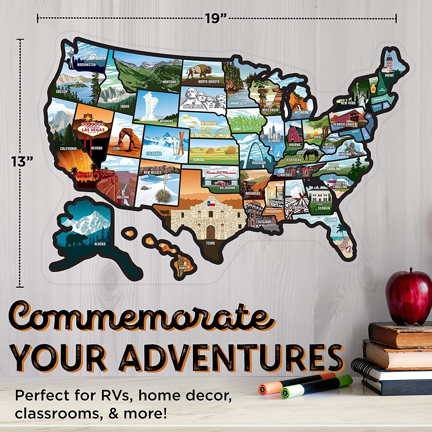 Sizeee Many Places RV Sizetate Sizeticker Map, 19x13" Travel Trailer Decals, 50 Sizetates