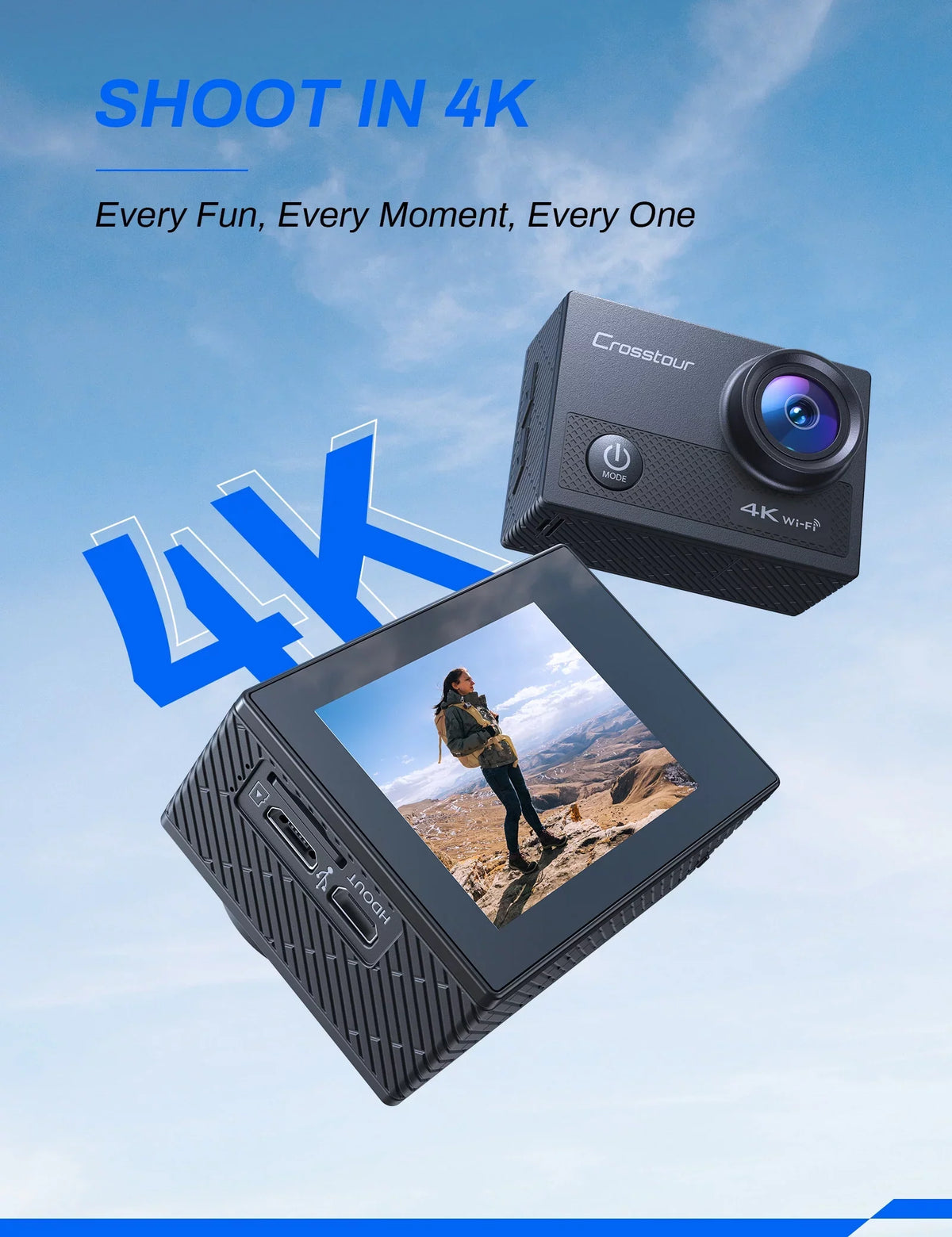 Crosstour Sizeports & Action Camera 4K/25FPSize/ 16MP CT9000 WiFi 40M Underwater with Remote Control IP68