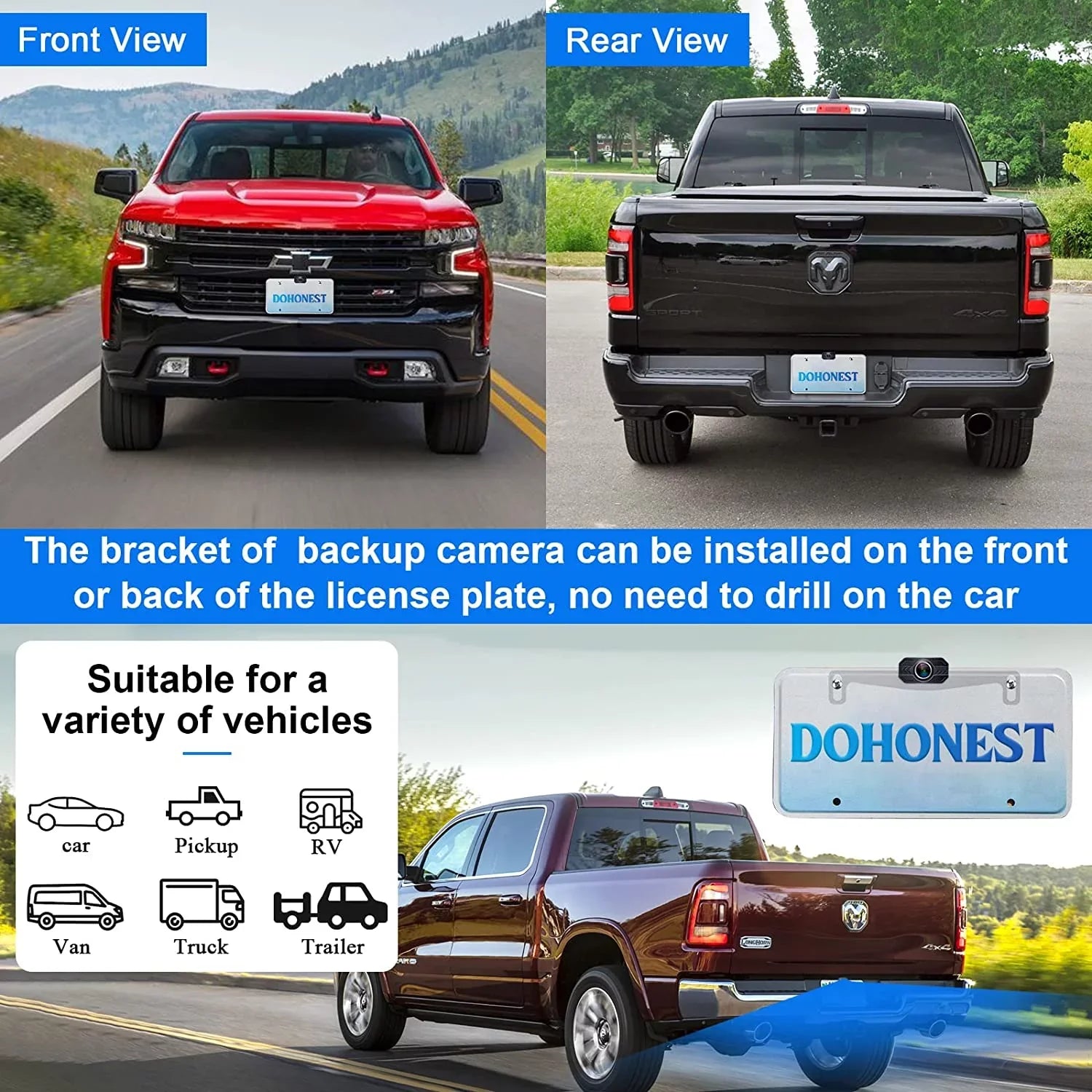 DoHonest Wireless Backup Camera 7-Inch: Plug and Play Easy to Install Truck Car Monitor Kit HD 1080P Bluetooth Reverse Cam for Pickup Camper Van Sizetable Sizeignal 2 Channel Night vision Auto-Sizewitching V