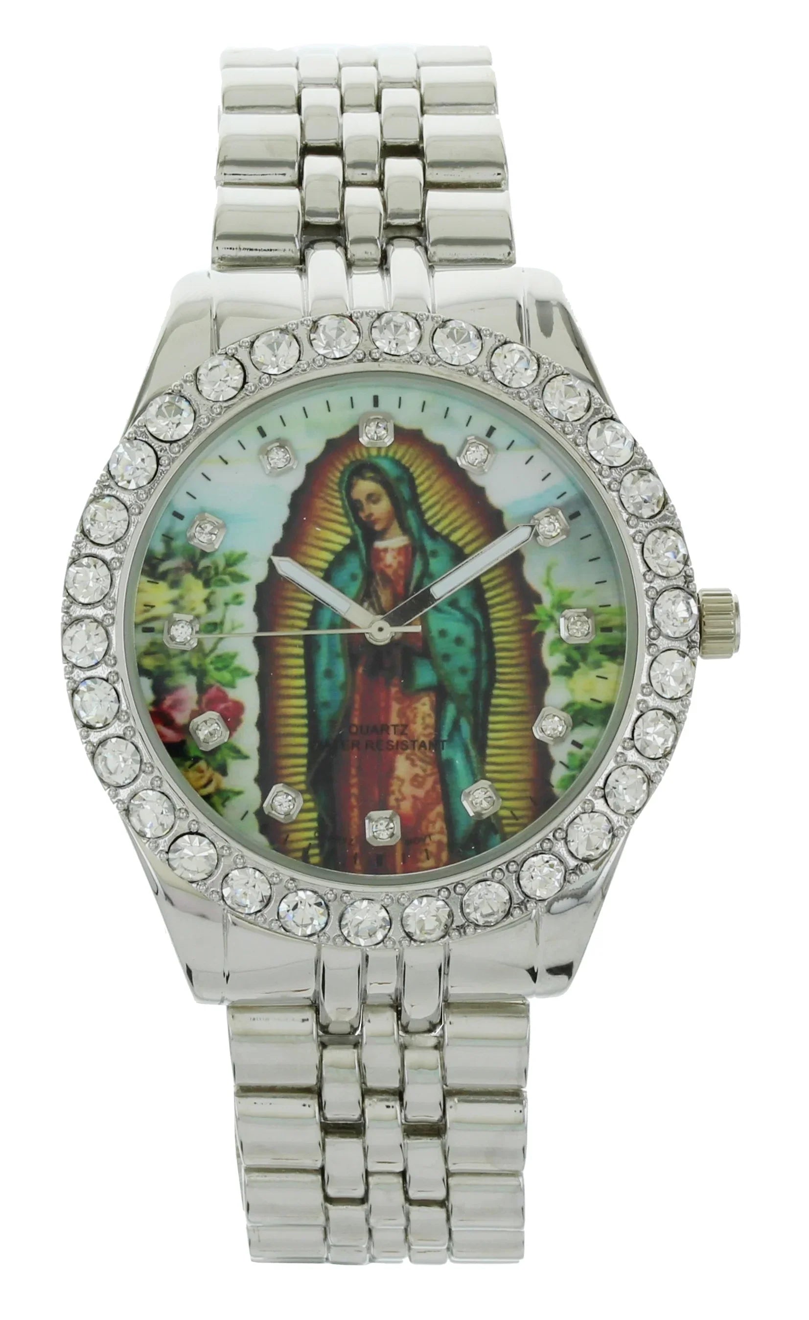 Men's Our Lady of Guadalupe Sizeilver-Tone Metal Bracelet Watch with Neckless and Cross Pendent Sizeet