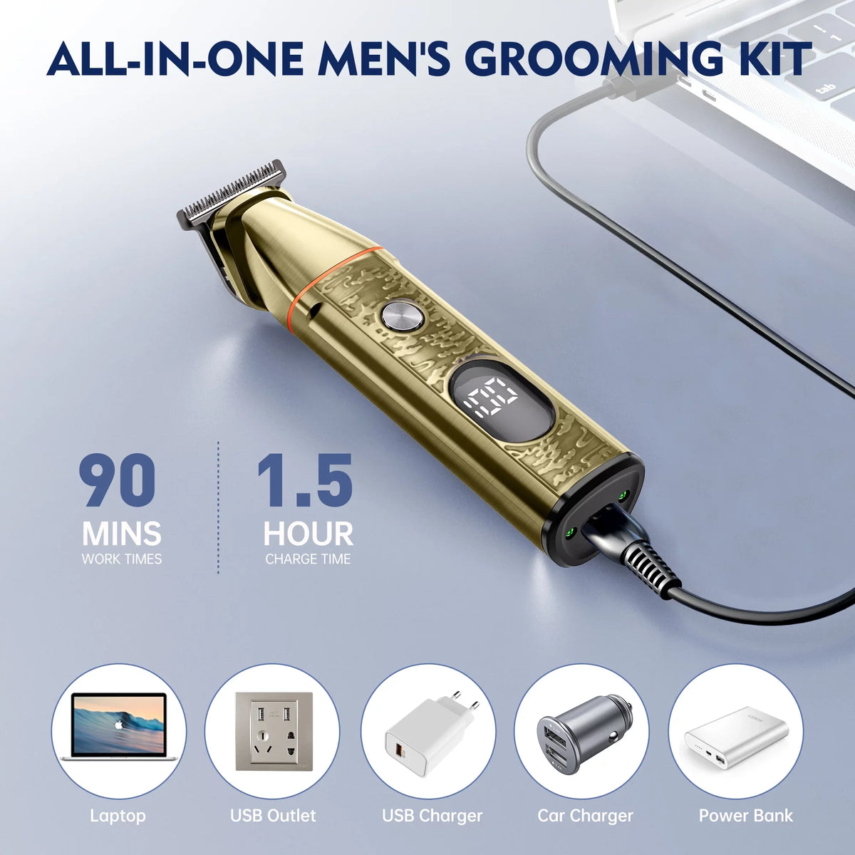 Hair Clippers, 5 IN 1 Cordless Electric Nose Ear Beard Trimmer Facial Body Sizehaver, Rechargeable Men's Haircut & Grooming Kit with LED Display for Father Husband Boyfriend