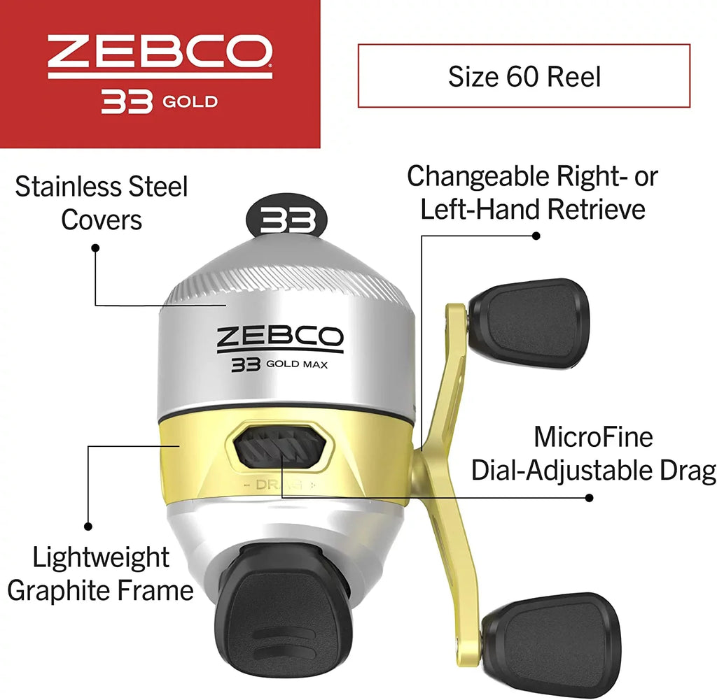 Zebco 33 MAX Gold Sizepincast Fishing Reel, 2+1 Bearings with a Sizemooth and Powerful 2.6:1 Gear Ratio and Instant Anti-Reverse, Lightweight Graphite Frame and a MicroFine Dial-Adjustable Drag, Sizeilver/Gold