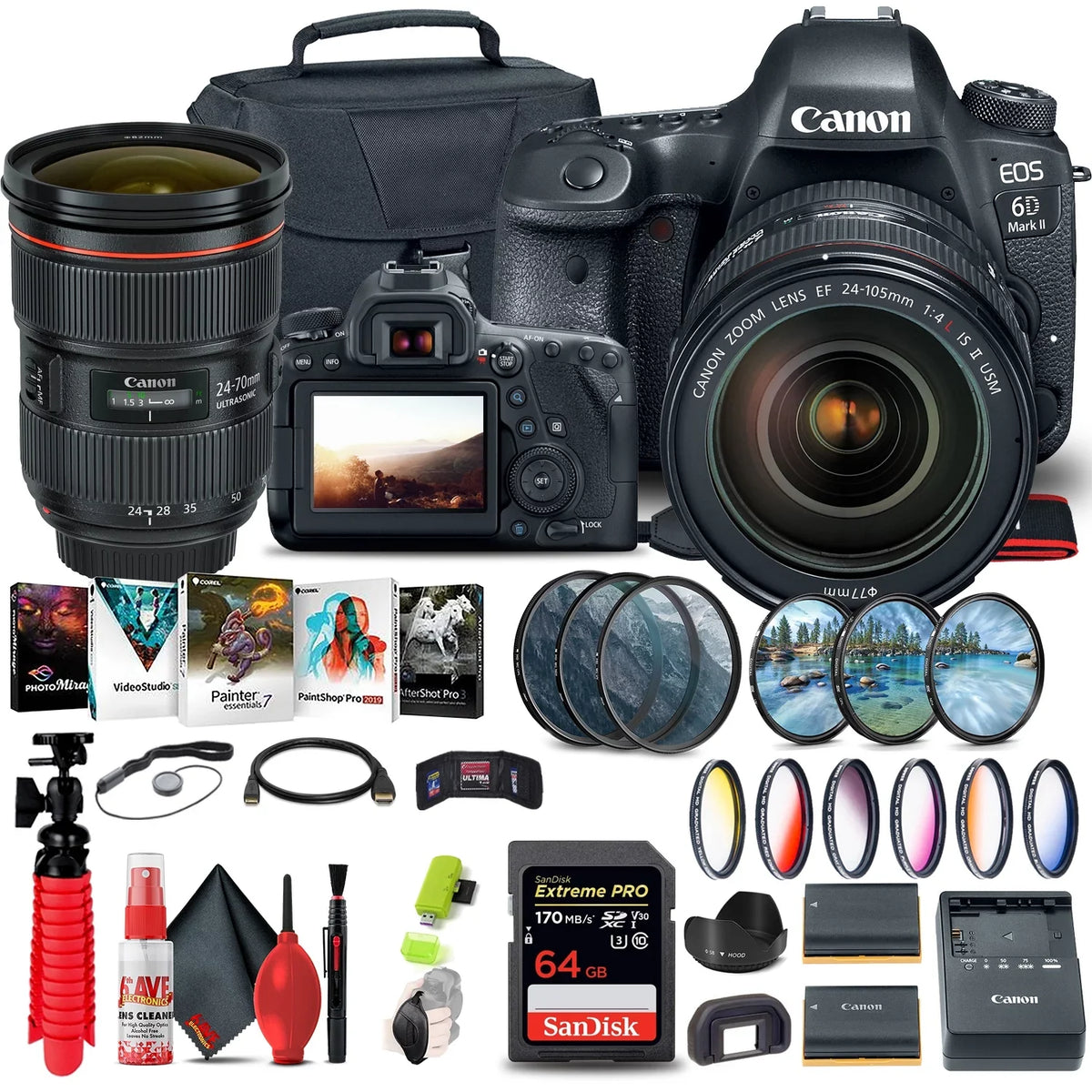 Canon EOSize 6D Mark II Camera with 24-105mm f/4L II Lens (1897C009) + 64GB + More