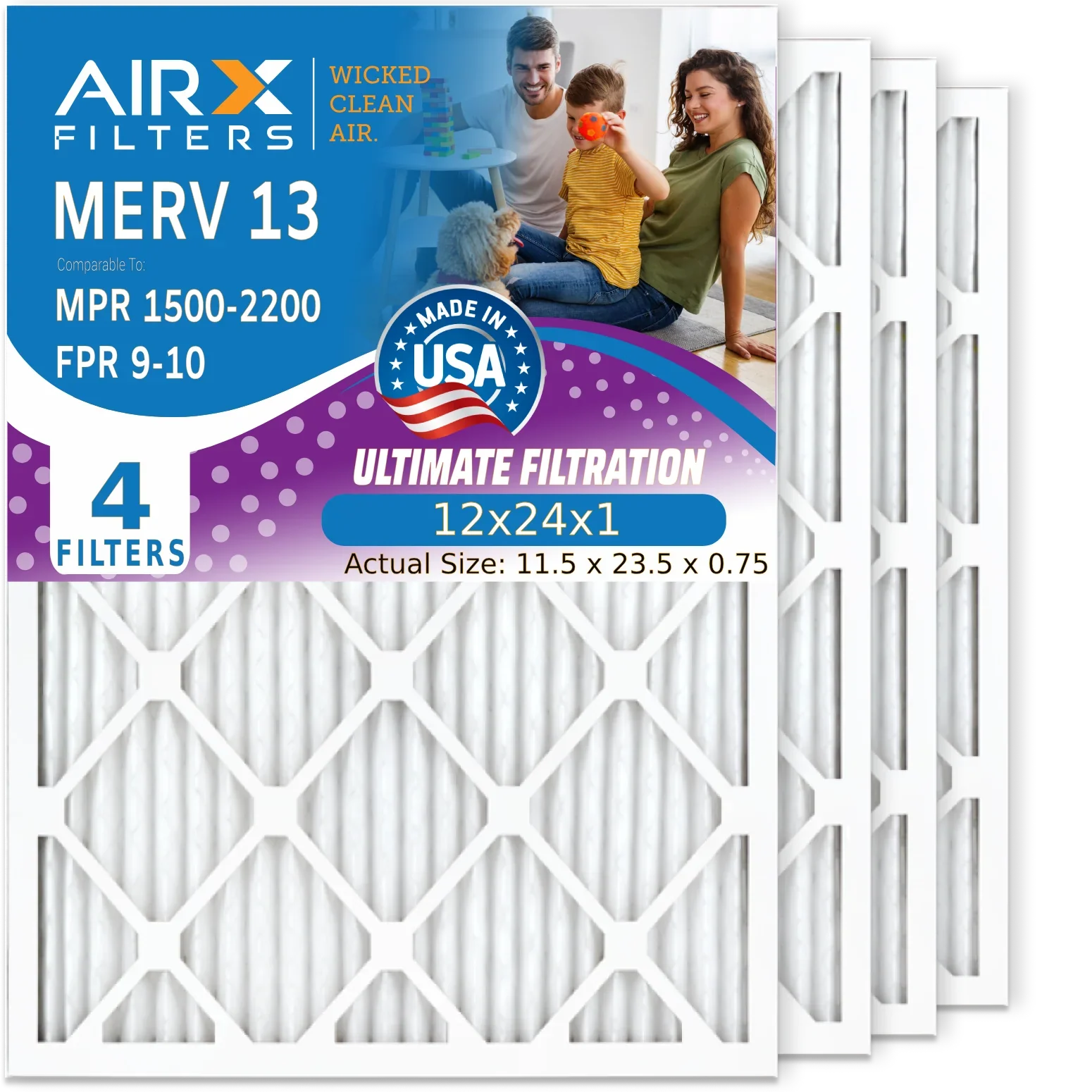12x24x1 Air Filter MERV 13 Comparable to MPR 1500 - 2200 & FPR 9 Electrostatic Pleated Air Conditioner Filter 4 Pack HVAC AC Premium USizeA Made 12x24x1 Furnace Filters by AIRX FILTERSize WICKED CLEAN AIR.