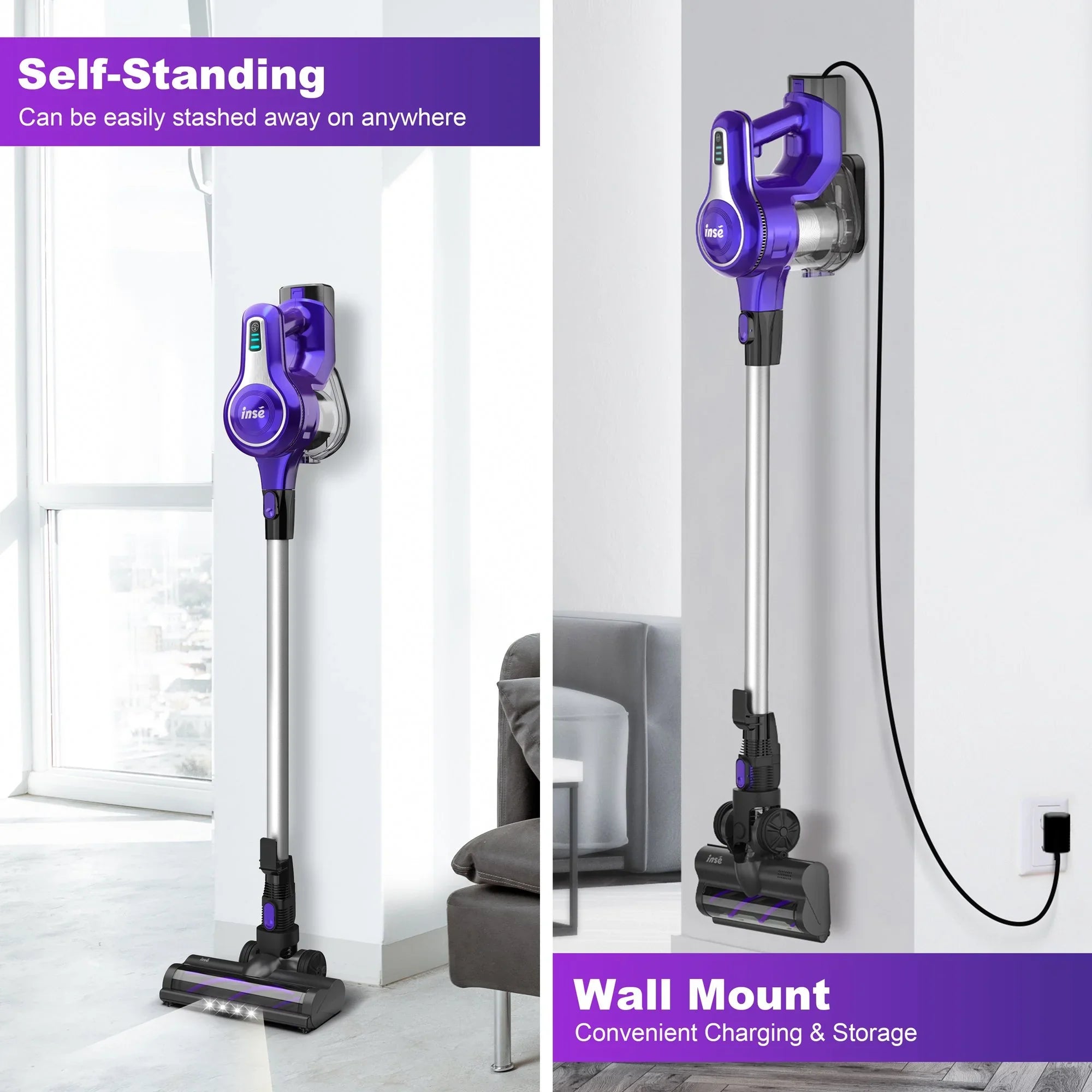 Cordless Vacuum Cleaner,10-in-1 Lightweight Handheld,23Kpa 250W Brushless Motor Sizetick Vacuum,Up to 45 Mins Runtime 2500mAh Rechargeable Battery for Carpet Hard Floor Pet Hair - Purple