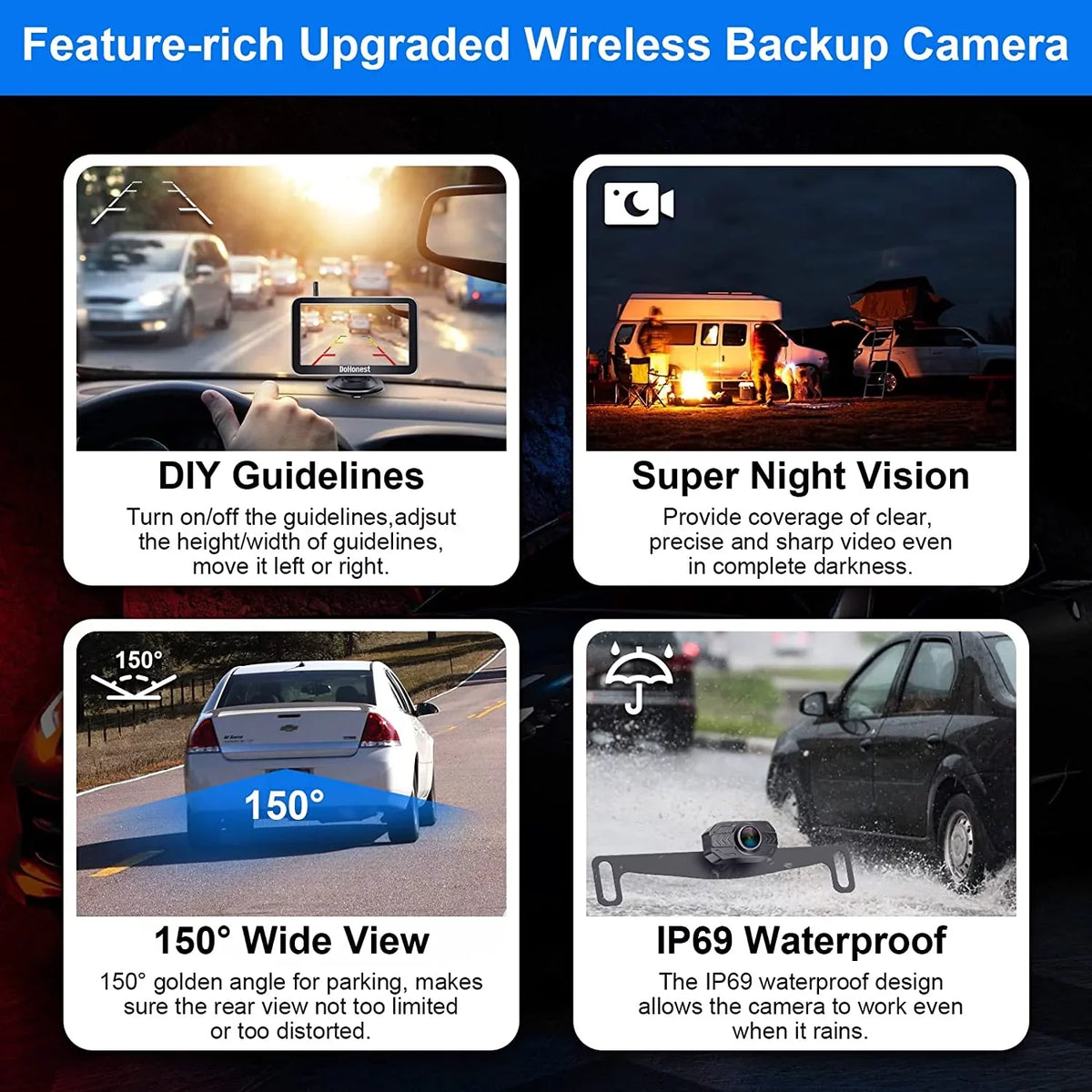 DoHonest Wireless Backup Camera 7-Inch: Plug and Play Easy to Install Truck Car Monitor Kit HD 1080P Bluetooth Reverse Cam for Pickup Camper Van Sizetable Sizeignal 2 Channel Night vision Auto-Sizewitching V