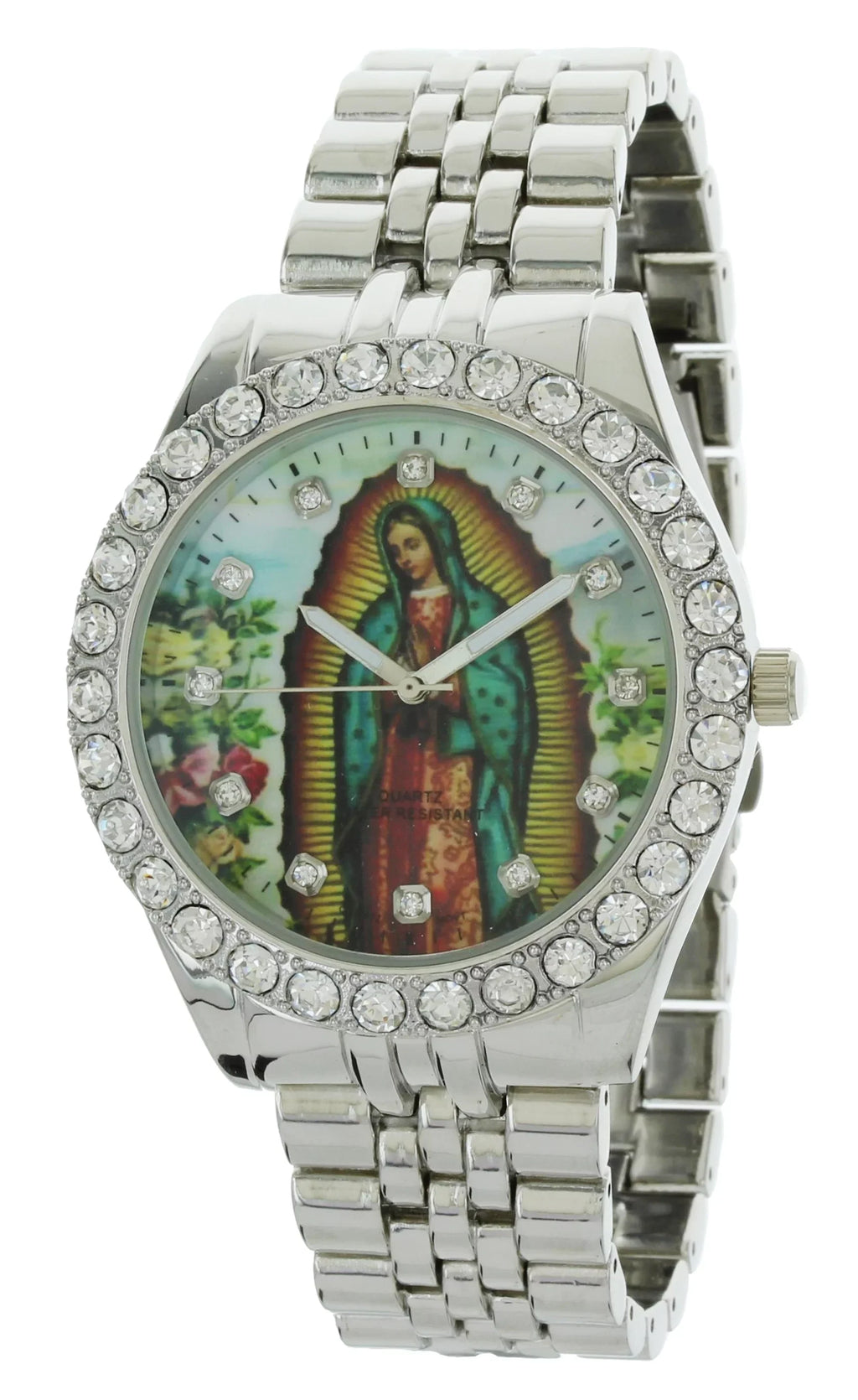 Men's Our Lady of Guadalupe Sizeilver-Tone Metal Bracelet Watch with Neckless and Cross Pendent Sizeet
