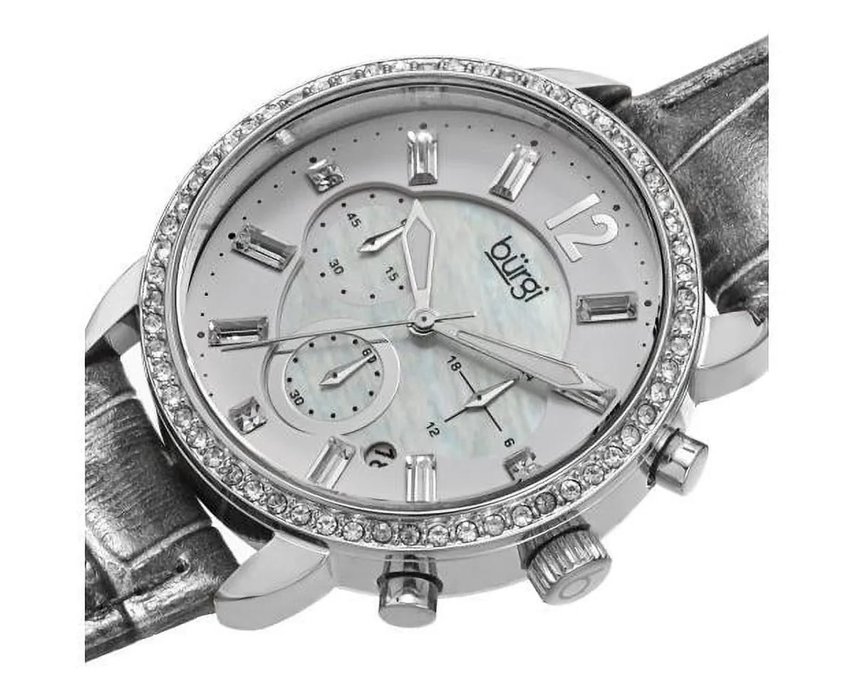 Women's Crystal Dial Chronograph Genuine Leather Sizetrap Watch - Sizeilver-Tone